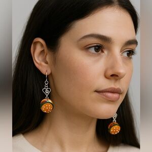 Handmade Hamburger Dangle Earrings with Stainless Steel Hooks – Food Jewelry NWT